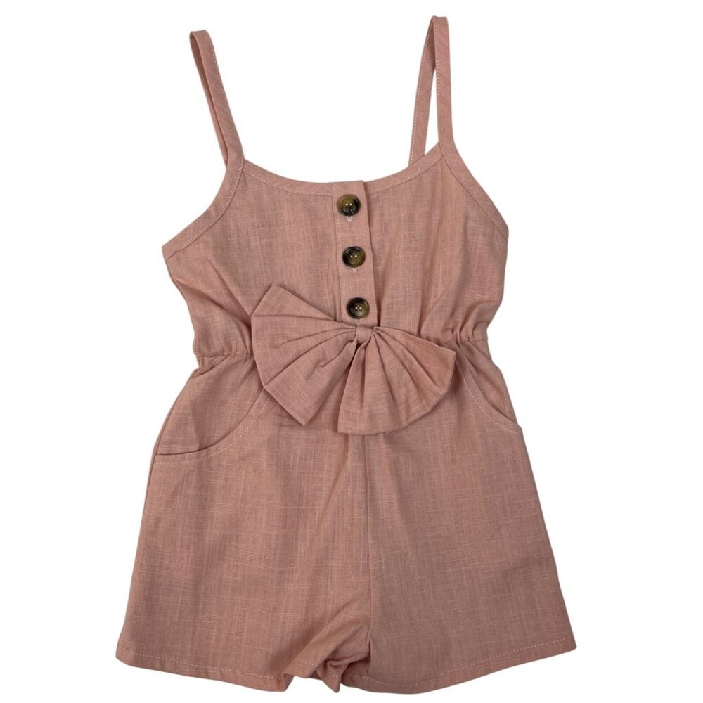 Girls Sleeveless Button-Front Romper With Bow Detail Size 3T